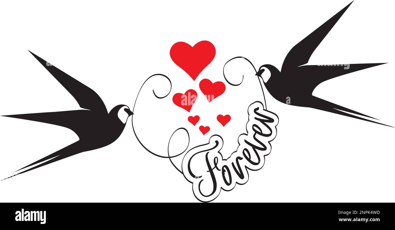 Swallow birds couple holding word forever, vector. Flying swallow birds