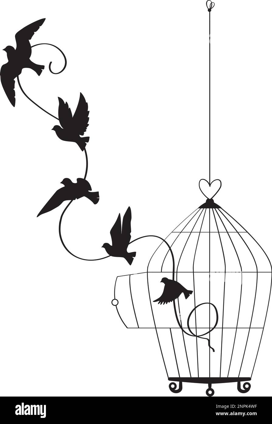 Birds Flying from the cage, flying birds silhouettes, cage illustration