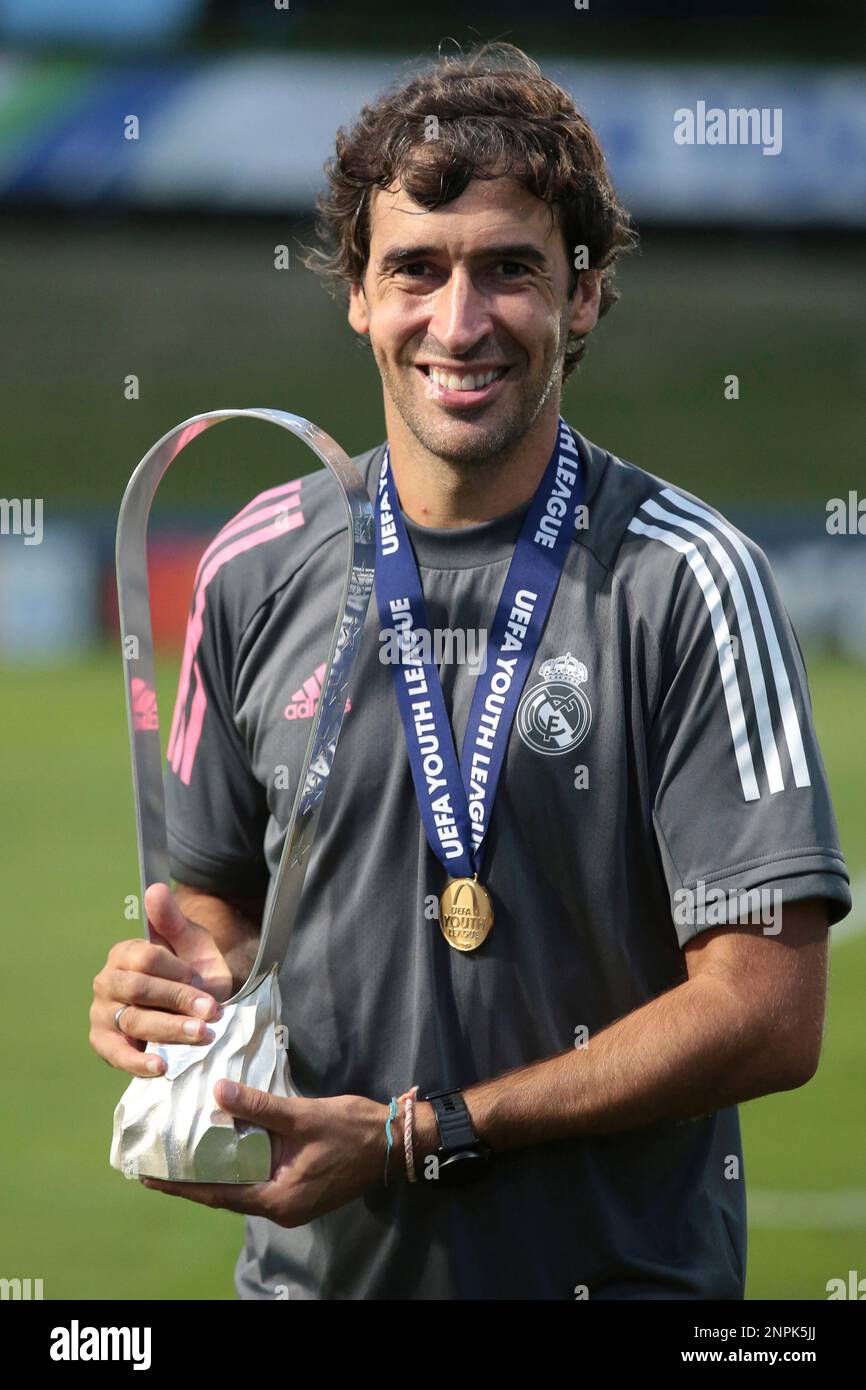 Raul Gonzalez Blanco Head coach of Real Madrid pictured with the trophy  following the UEFA Youth League match at Colovray Sports Centre, Nyon.  Picture date: 25th August 2020. Picture credit should read: