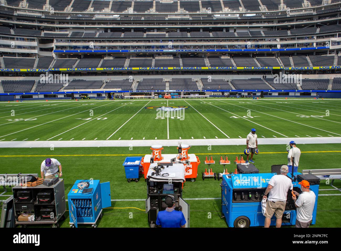 INGLEWOOD, CA - AUGUST 22: 50 yard line field view before the Los Angeles  Rams scrimmage on August 22, 2020, at SoFi Stadium in Inglewood, CA. (Photo  by Jevone Moore/Icon Sportswire) (Icon