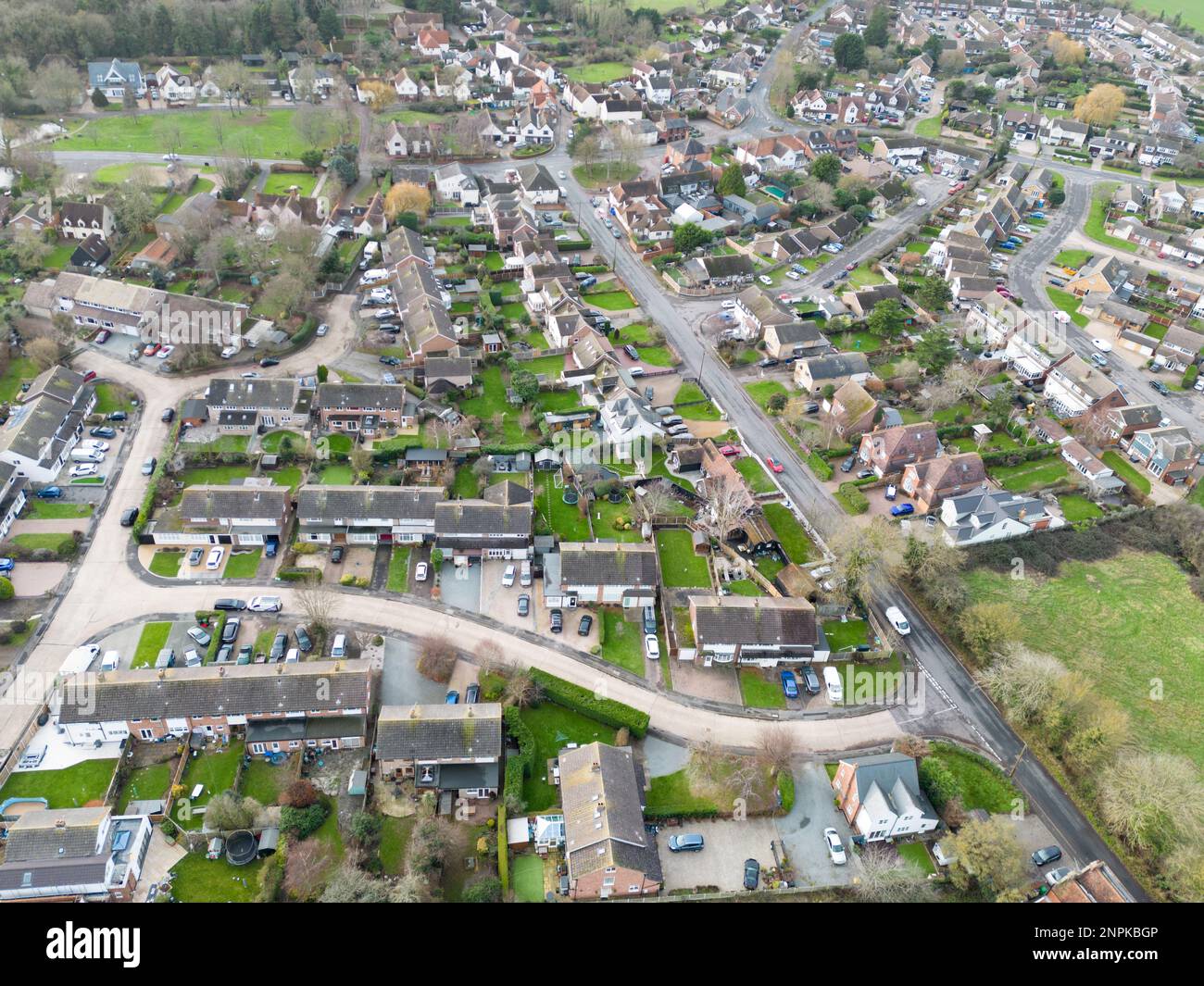 Aerial view of a typical English village showing housing development expansion over the years. Stock Photo