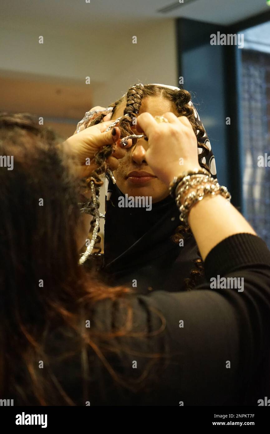 FRANCESCA LIBERATORE BACKSTAGE MFW23 Stock Photo