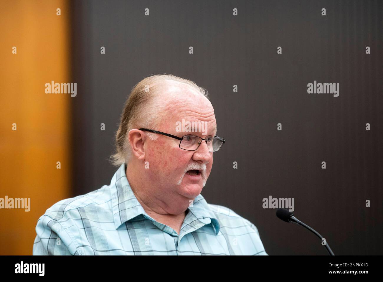 Ken Smith, brother of Katie Maggiore, makes a statement as Joseph James