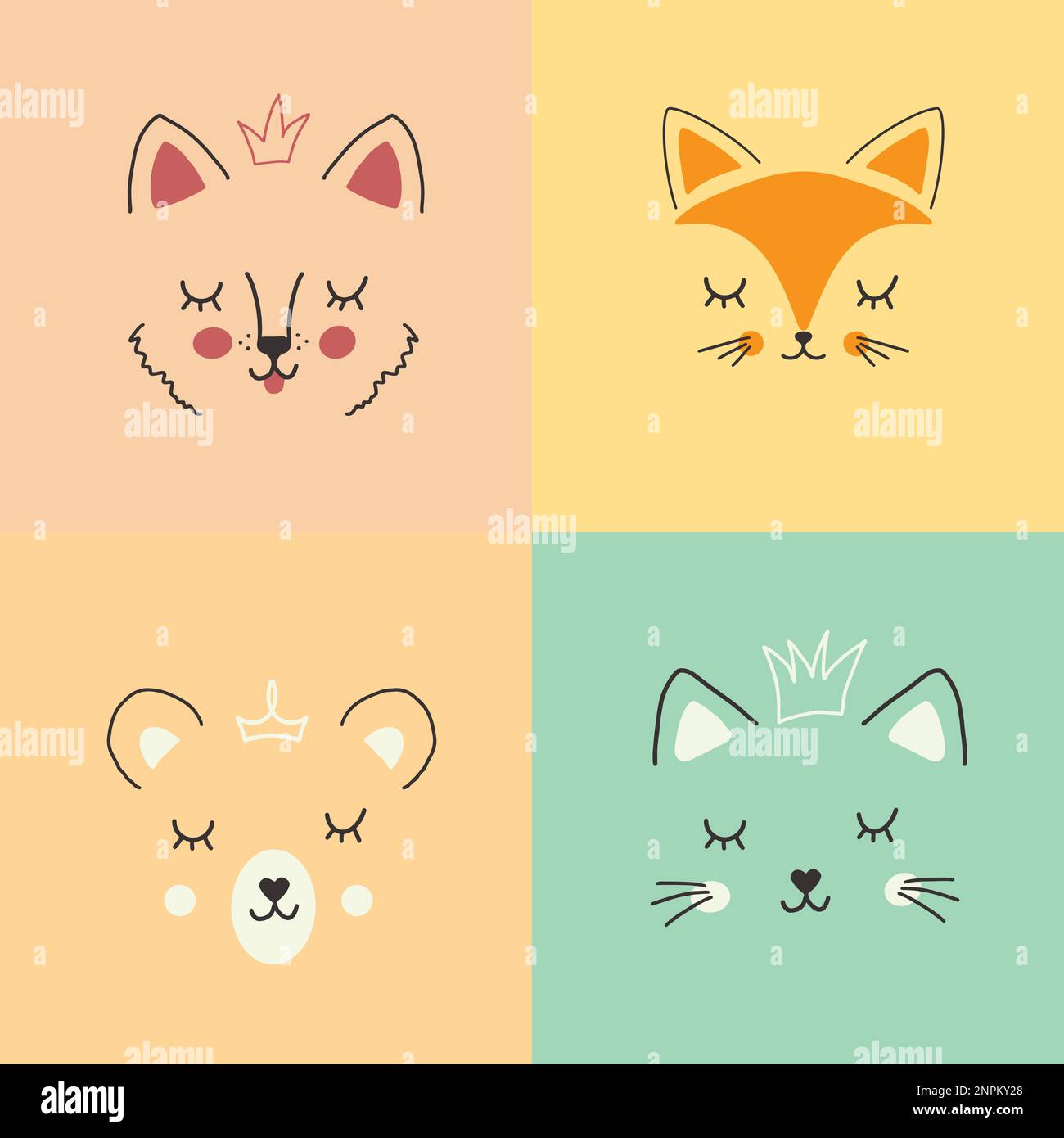 Cute Animal face. Cartoon animals collection, dog, fox, bear and cat ...