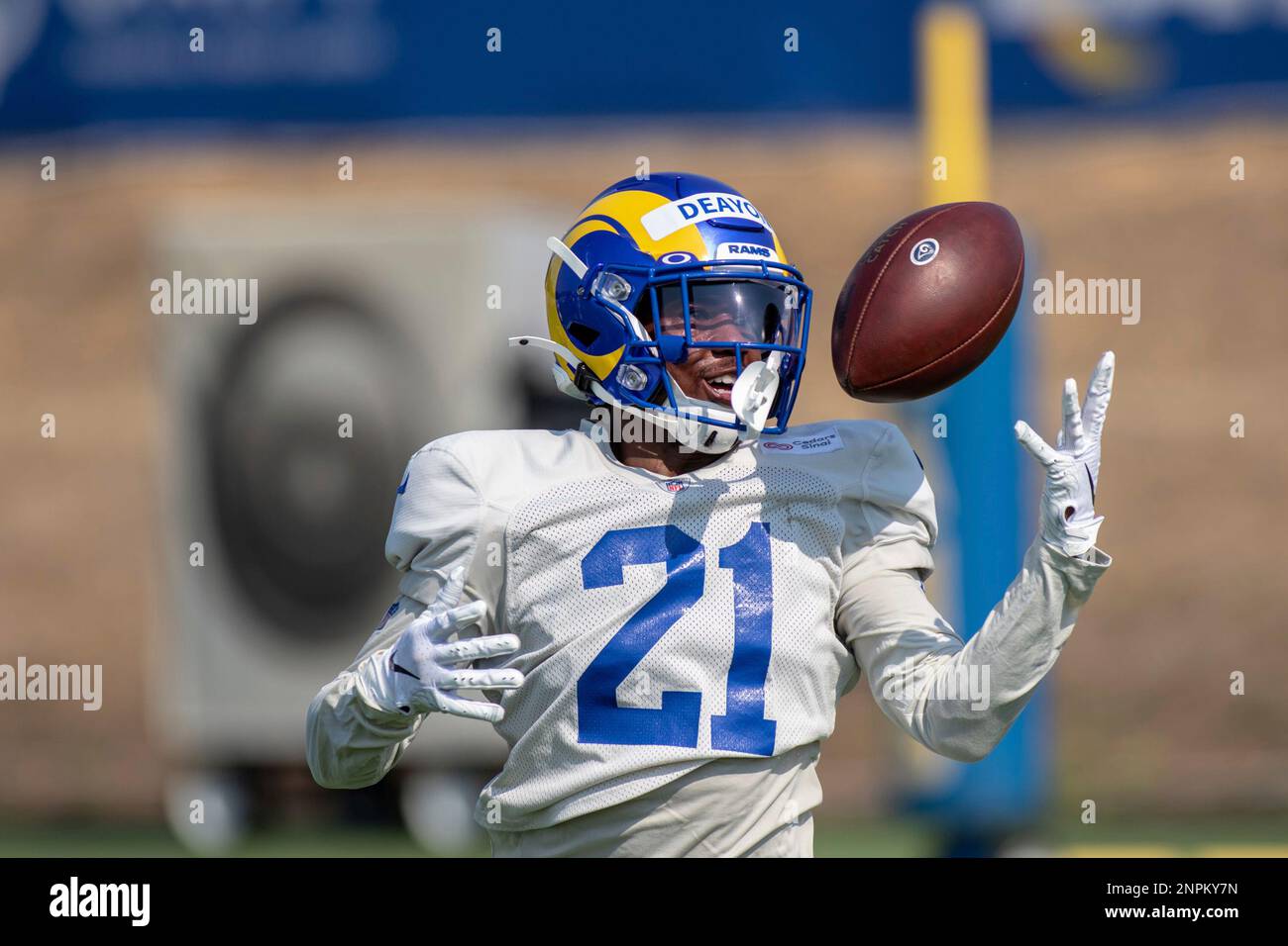 THOUSAND OAKS, CA - AUGUST 19: Los Angeles Rams cornerback Donte Deayon #21  looks in the interception during the Los Angeles Rams training camp on  August 19, 2020, at Cal Lutheran University