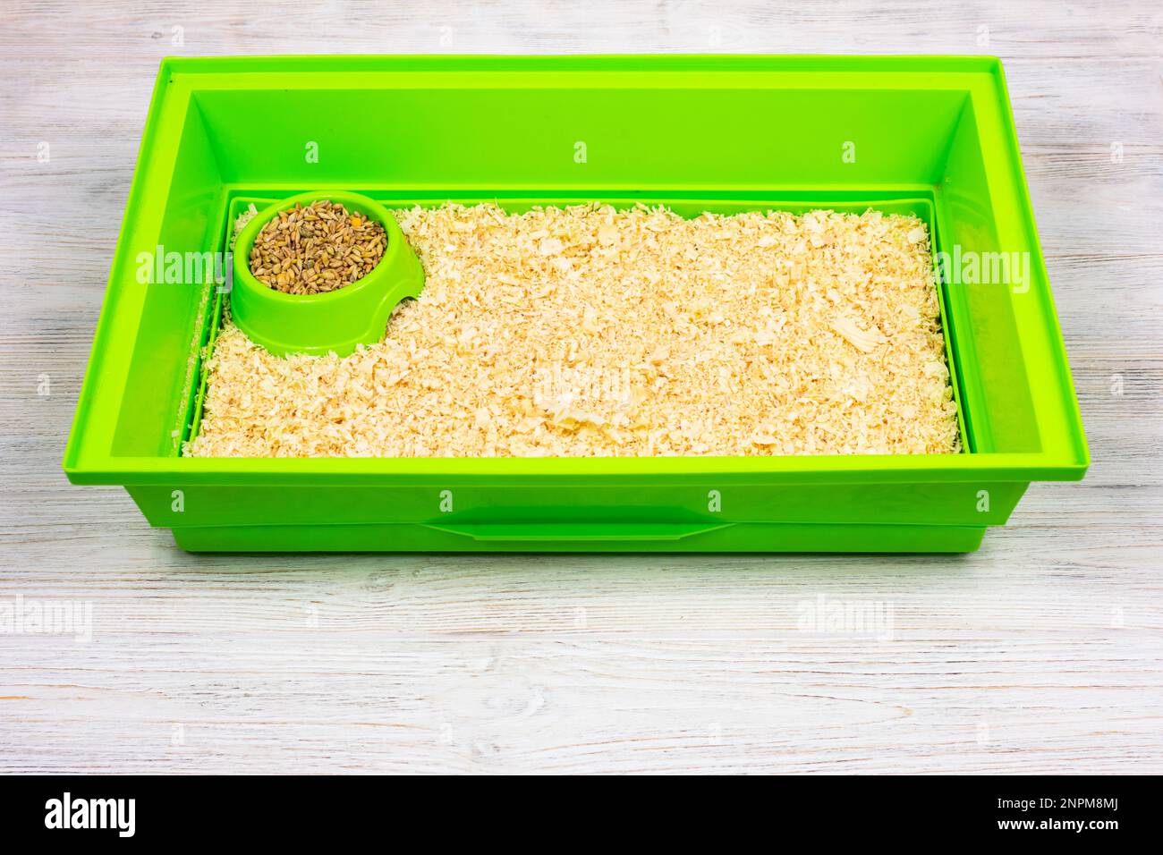 Green pet cage tray with sawdust and food trough Stock Photo Alamy