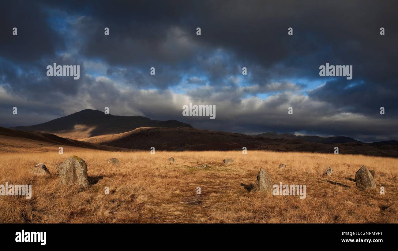 A stone circle on Brat's Moss above Eskdale, in the English Lake District Stock Photo