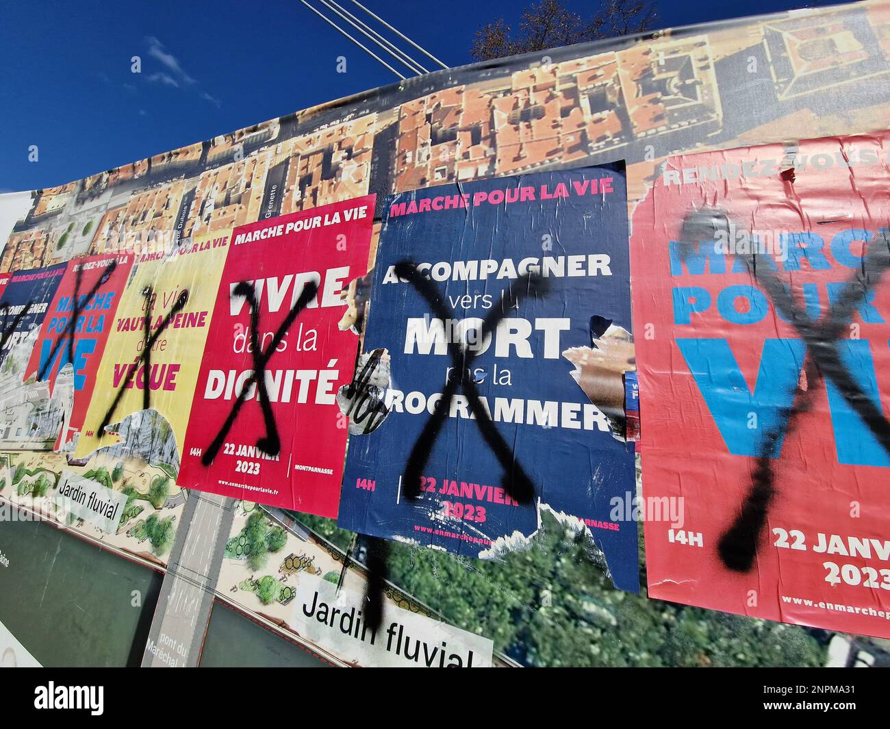 Posters protesting against the Right to Death, Lyon, France Stock Photo