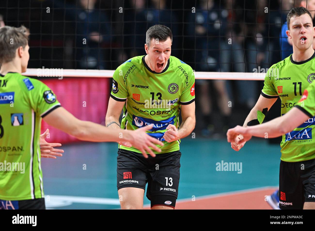 Menen's Arno Van De Velde celebrates after scoring during the match between Knack Volley Roeselare and Decospan Volley Team Menen, the final match in the men Belgian volleyball cup competition, Sunday 26 February 2023 in Merksem, Antwerp. BELGA PHOTO DAVID CATRY Stock Photo