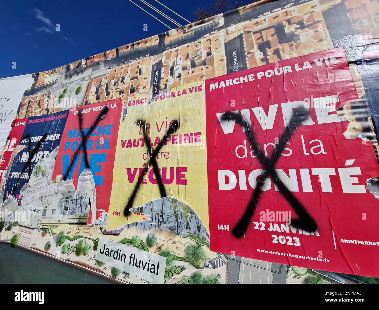 Posters protesting against the Right to Death, Lyon, France Stock Photo