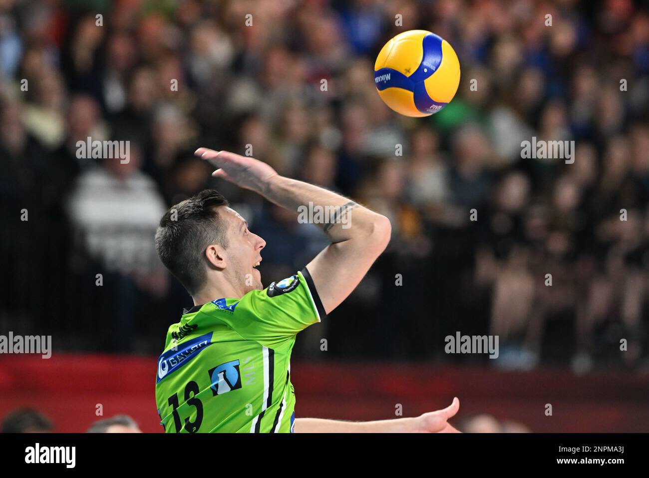 Menen's Arno Van De Velde pictured in action during the match between Knack Volley Roeselare and Decospan Volley Team Menen, the final match in the men Belgian volleyball cup competition, Sunday 26 February 2023 in Merksem, Antwerp. BELGA PHOTO DAVID CATRY Stock Photo