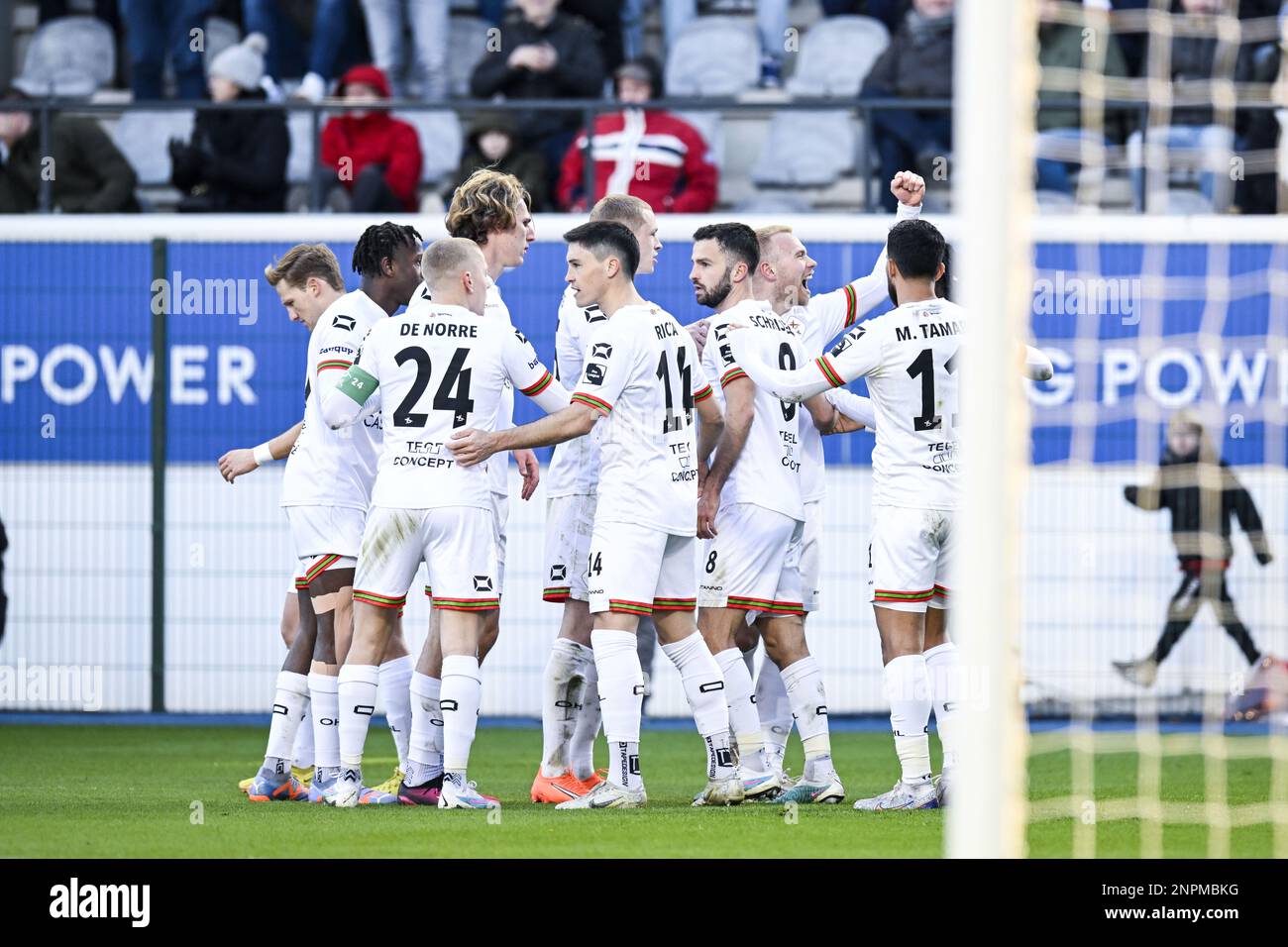 OHL's Jon Thorsteinsson celebrates after scoring during a soccer match