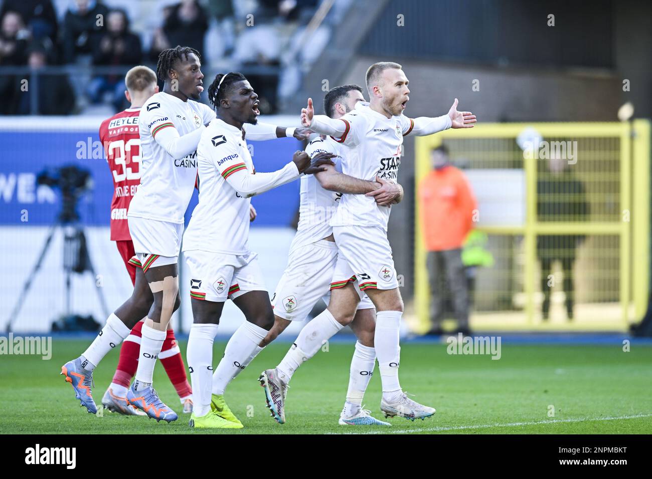 OHL's Jon Thorsteinsson celebrates after scoring during a soccer match