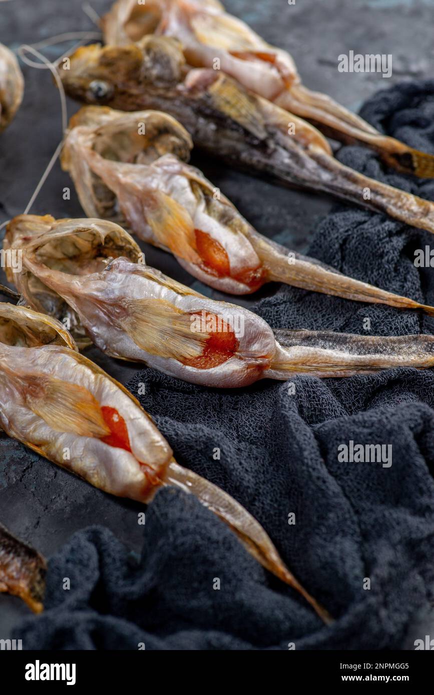 Salted dried goby fish. Fish appetizer for beer. Stockfish Stock Photo