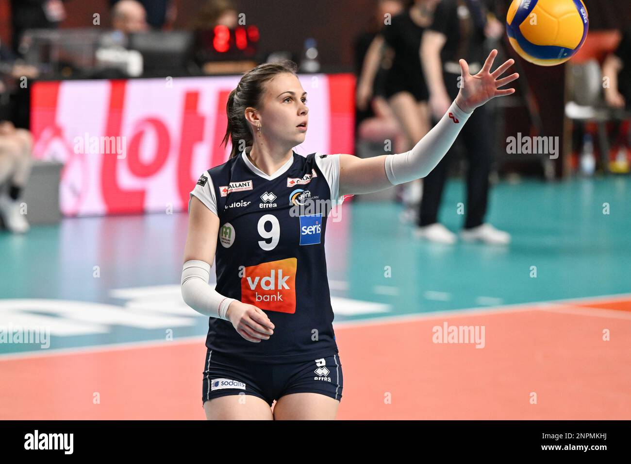 Gent's Lotte De Quick pictured during the match between Asterix Avo Volley Beveren and VDK Bank Gent damesvolley, the final match in the men Belgian volleyball cup competition, Sunday 26 February 2023 in Merksem, Antwerp. BELGA PHOTO DAVID CATRY Stock Photo