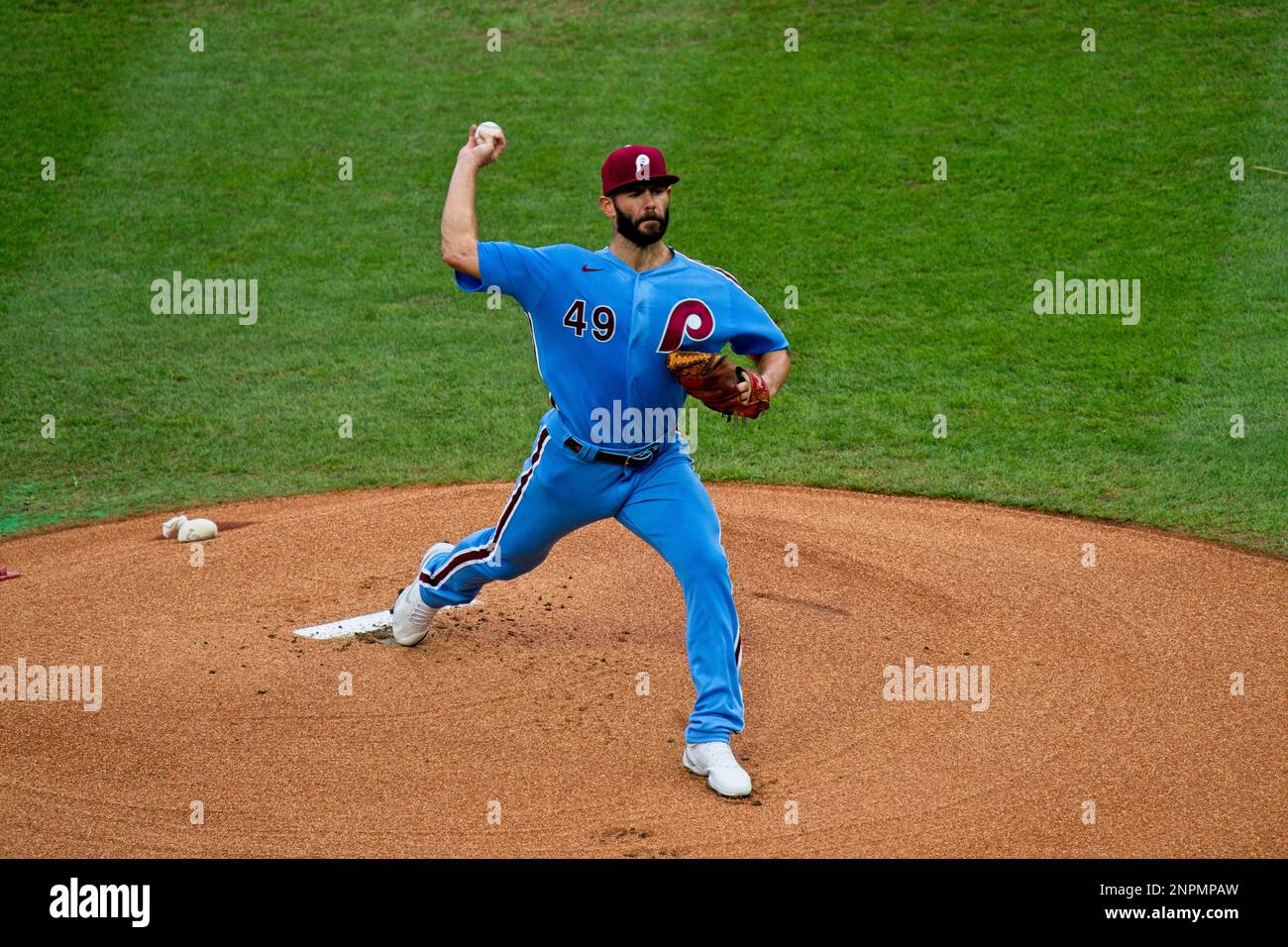 Starting pitcher Jake Arrieta of the Philadelphia Phillies throws a