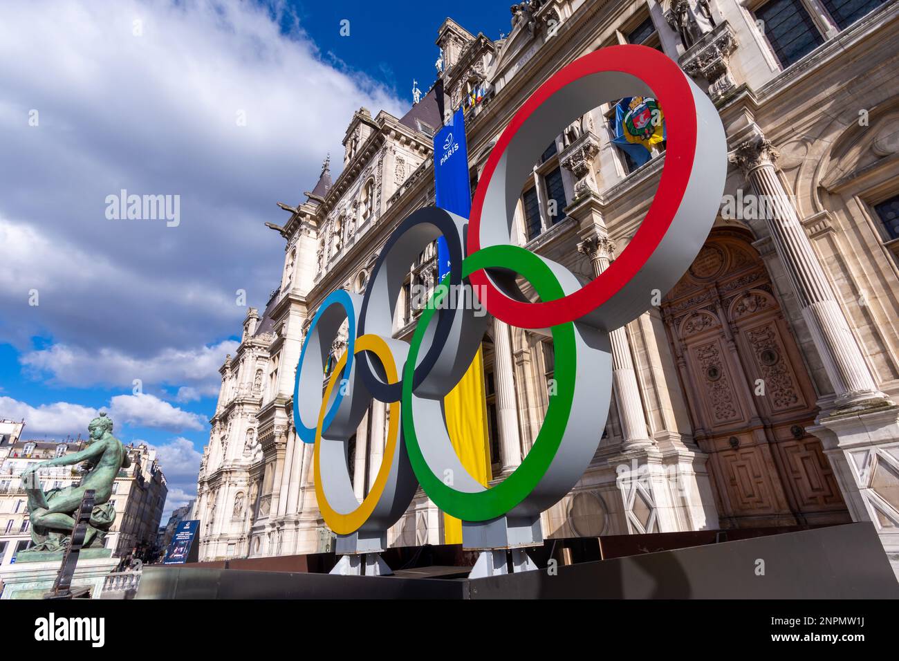 Olympic rings in front of the town hall of Paris, France, city hosting