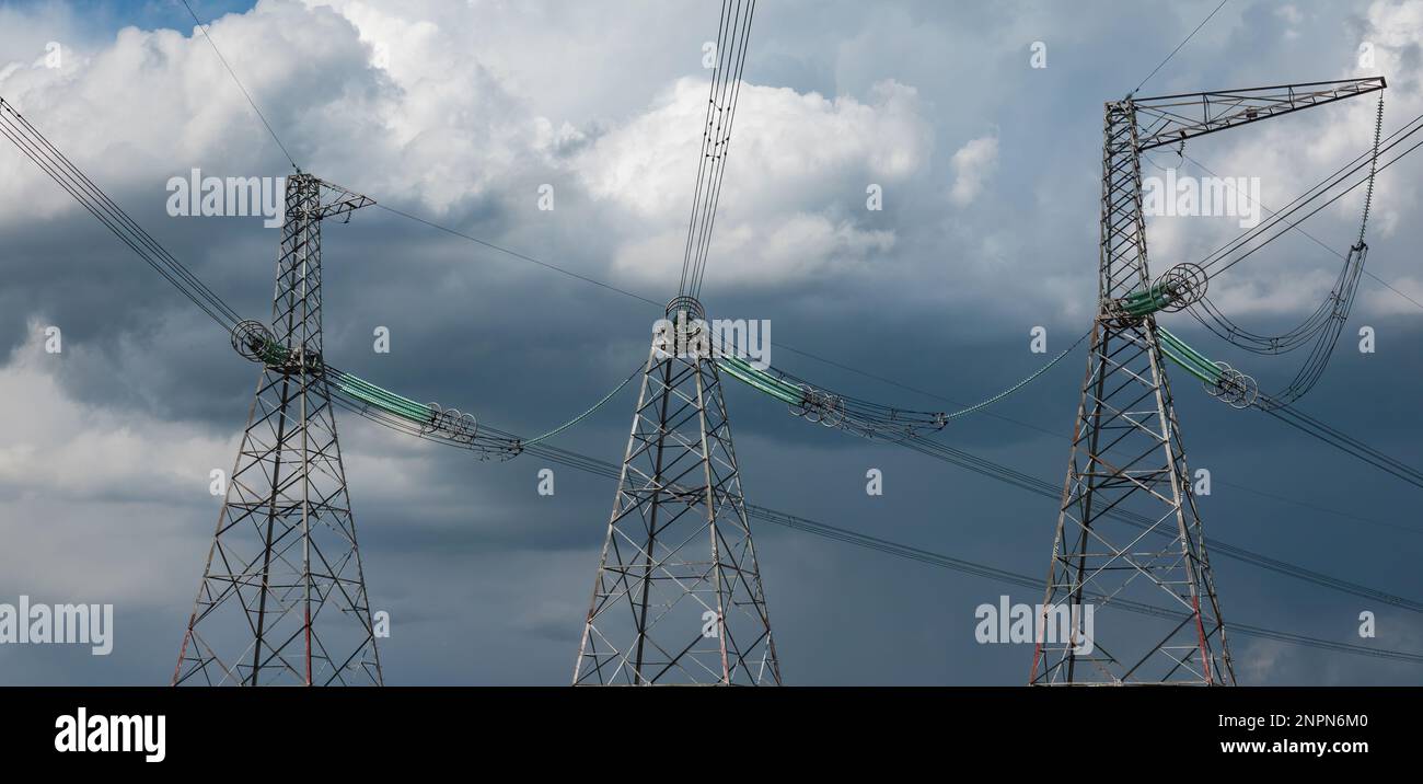 Header with power line poles. Industry and electricity site design element Stock Photo