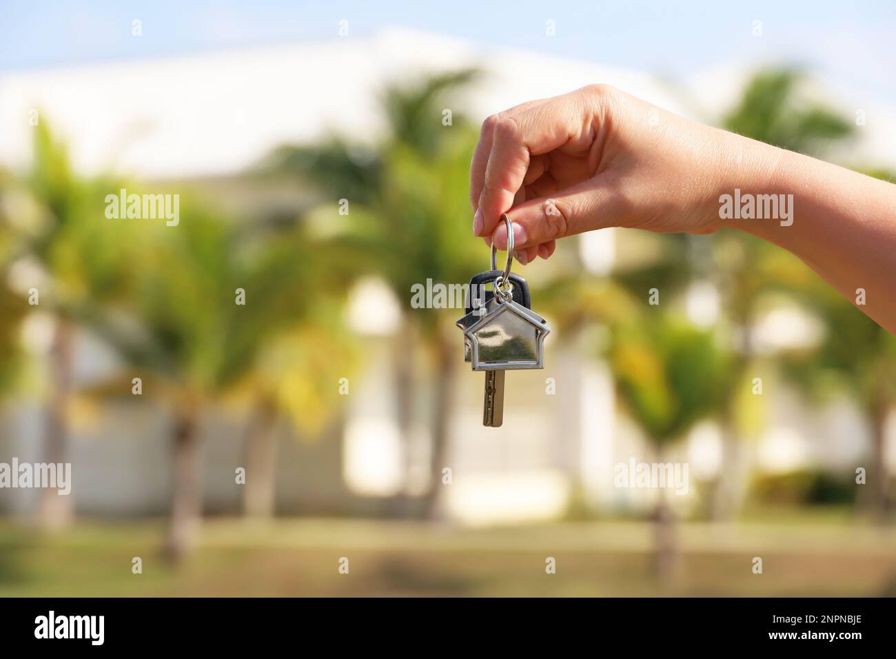 Real estate agent, home keys in female hand on background of house surrounded by palm trees. Buying a villa on ocean coast, removal to tropical area Stock Photo