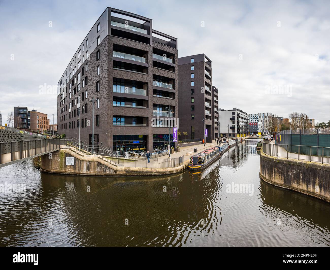 A multi image panorama of Cotton Field Wharf between the Rochdale Canal and New Islington marina