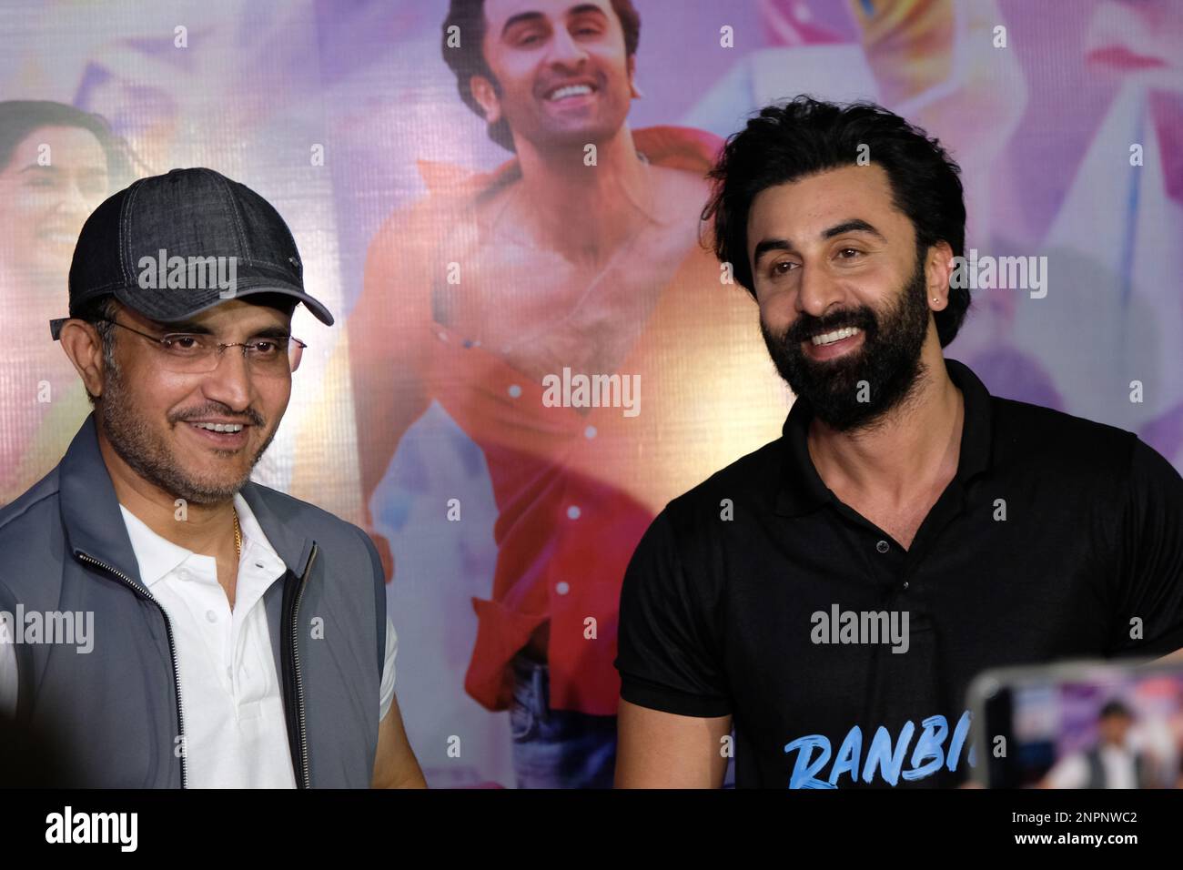 Kolkata, India. 26th Feb, 2023. Former Indian cricket team caption Sourav Ganguly (left) and Bollywood actor Ranbir Kapoor (right) seen during a promotion event for the film 'Tu Jhoothi Main Makkaar' at Eden Gardens. Credit: SOPA Images Limited/Alamy Live News Stock Photo