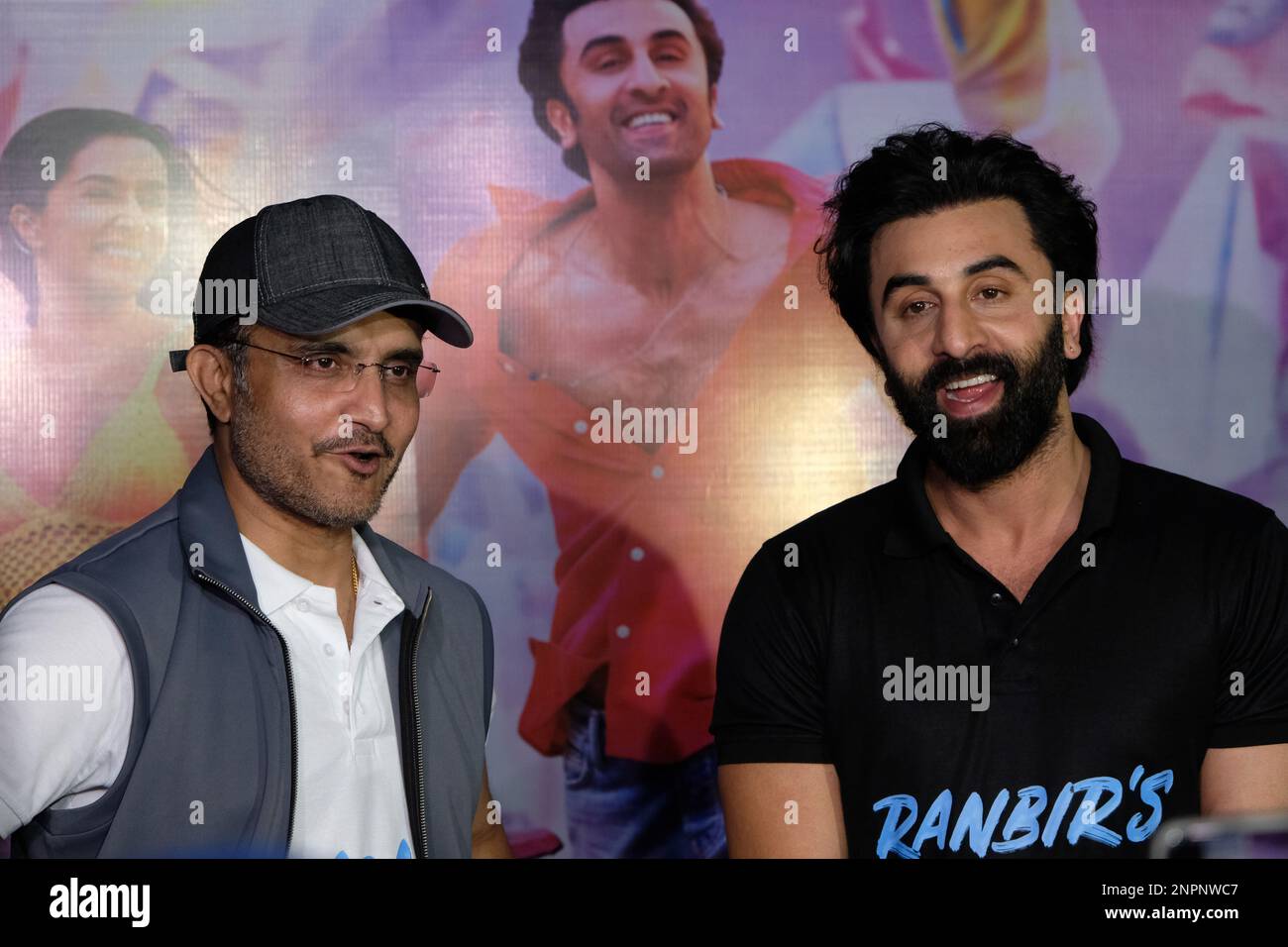 Kolkata, India. 26th Feb, 2023. Former Indian cricket team caption Sourav Ganguly (left) and Bollywood actor Ranbir Kapoor (right) seen during a promotion event for the film 'Tu Jhoothi Main Makkaar' at Eden Gardens. Credit: SOPA Images Limited/Alamy Live News Stock Photo