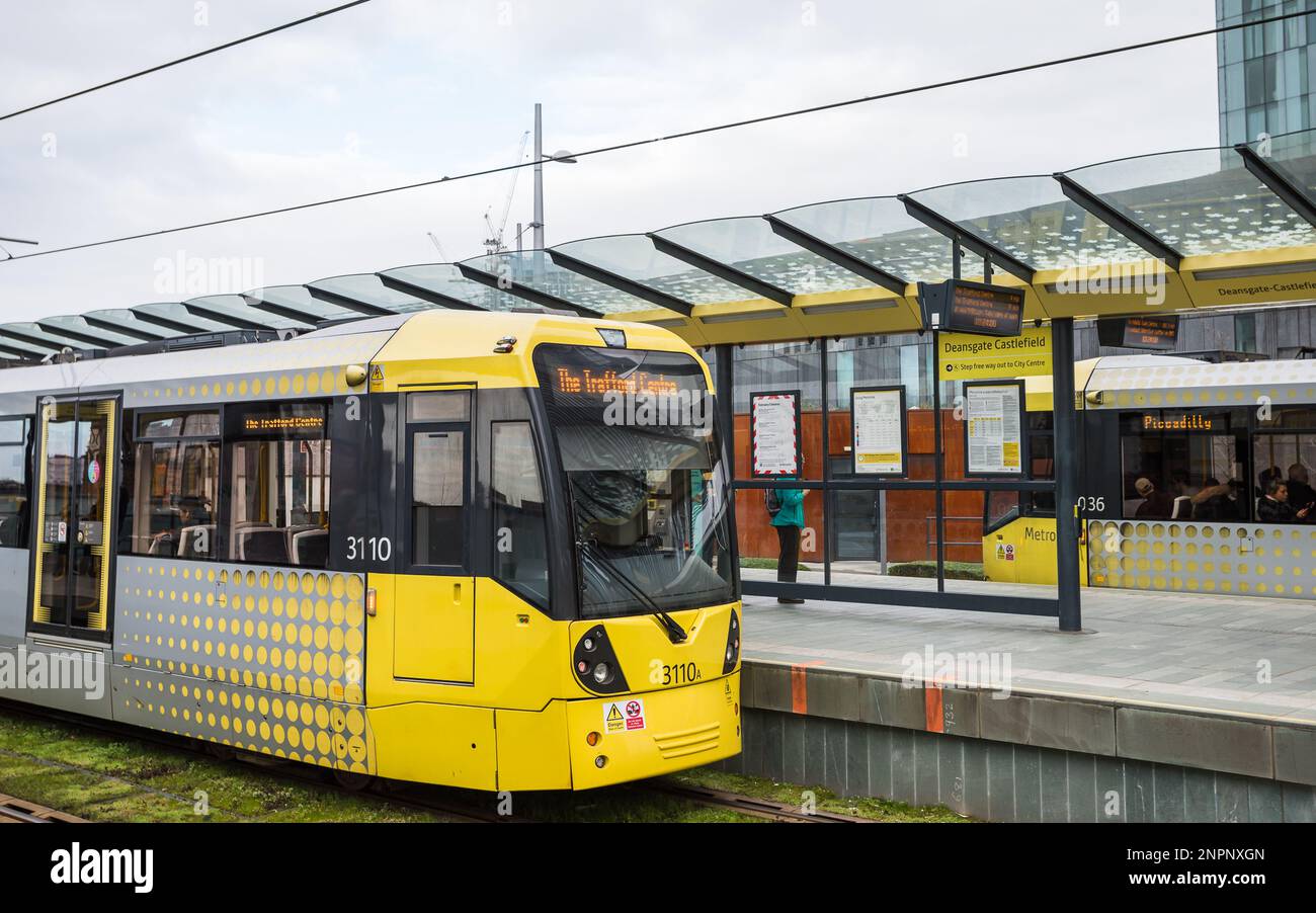 A Metrolink tram pictured in Deansgate Castlefield Station in