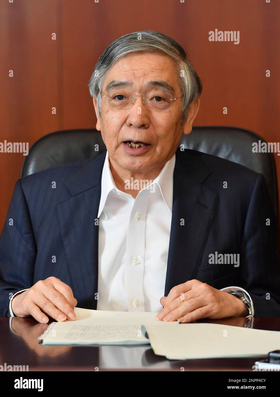 Bank of Japan Governor Haruhiko Kuroda speaks during an interview at