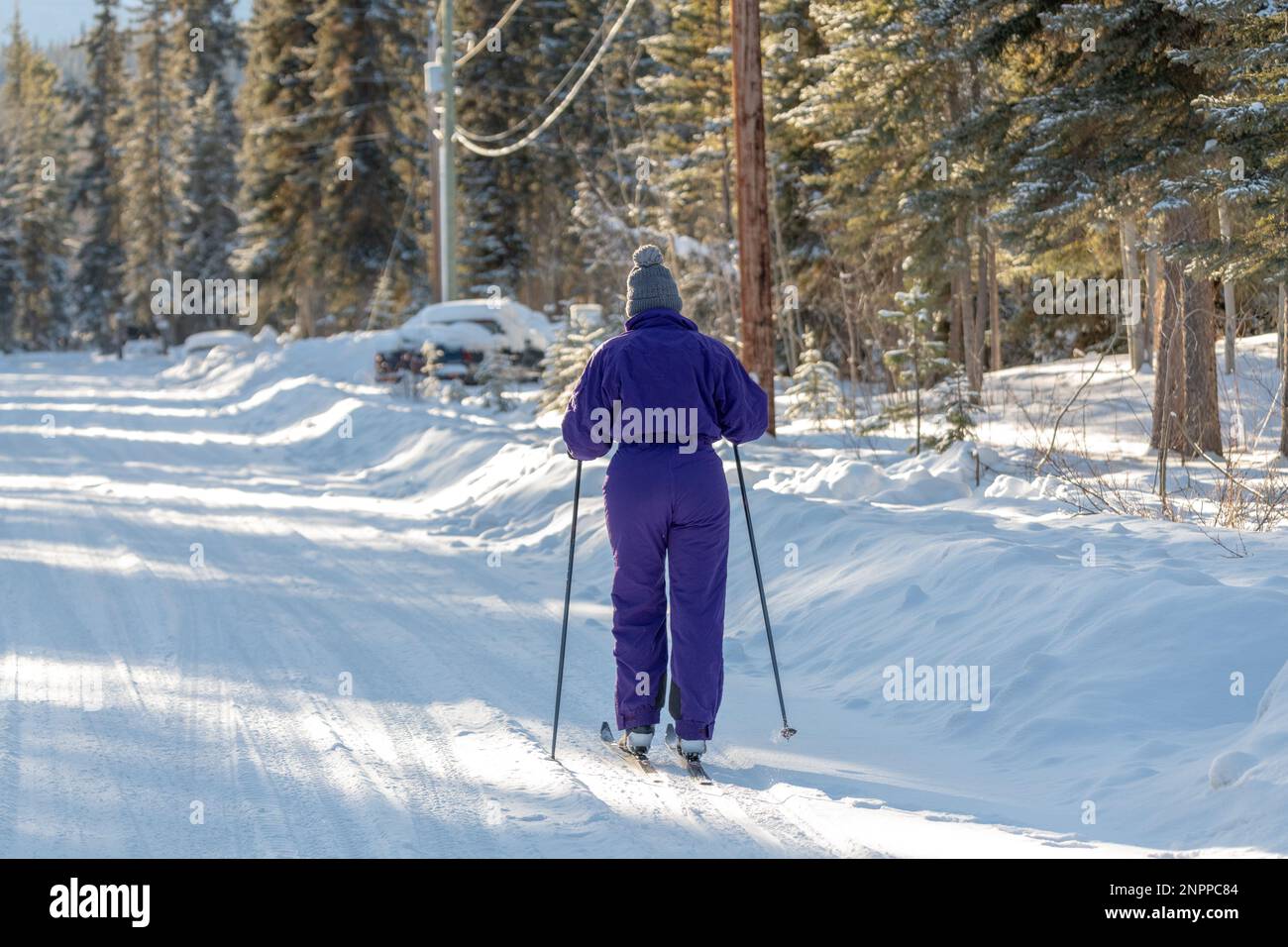 Woman in purple one piece ski suit with cross country skis in winter