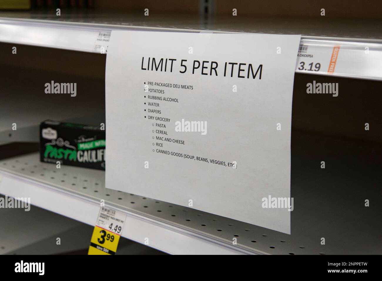ZIONSVILLE, IN MARCH 19 A sign on nearly empty shelves of pasta