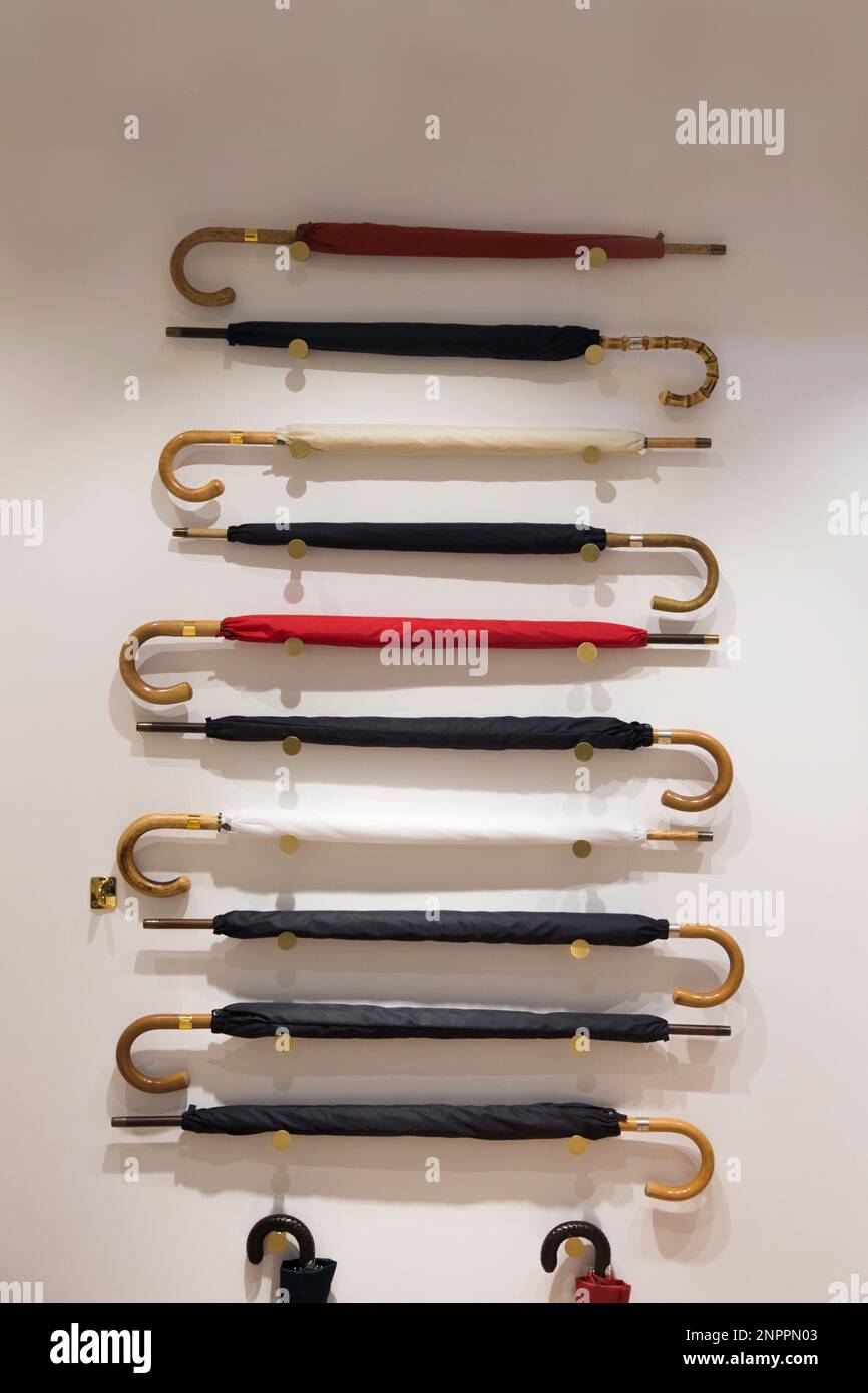 Luxury umbrellas on display in the Burlington Arcade London Stock Photo