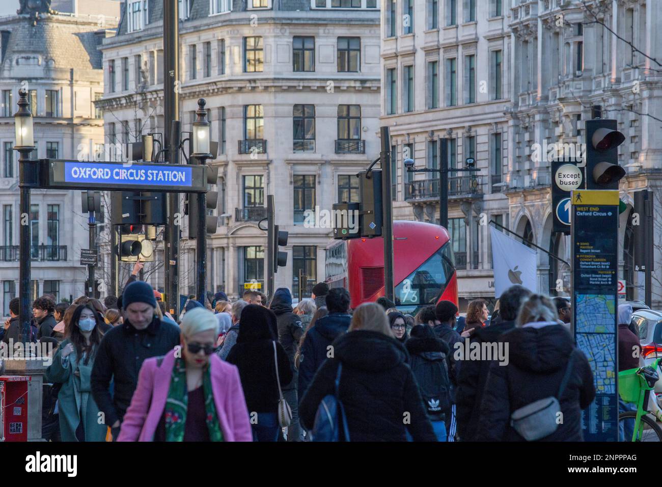 Crowds of shoppers on Regents Street London near Oxford Circus Tube