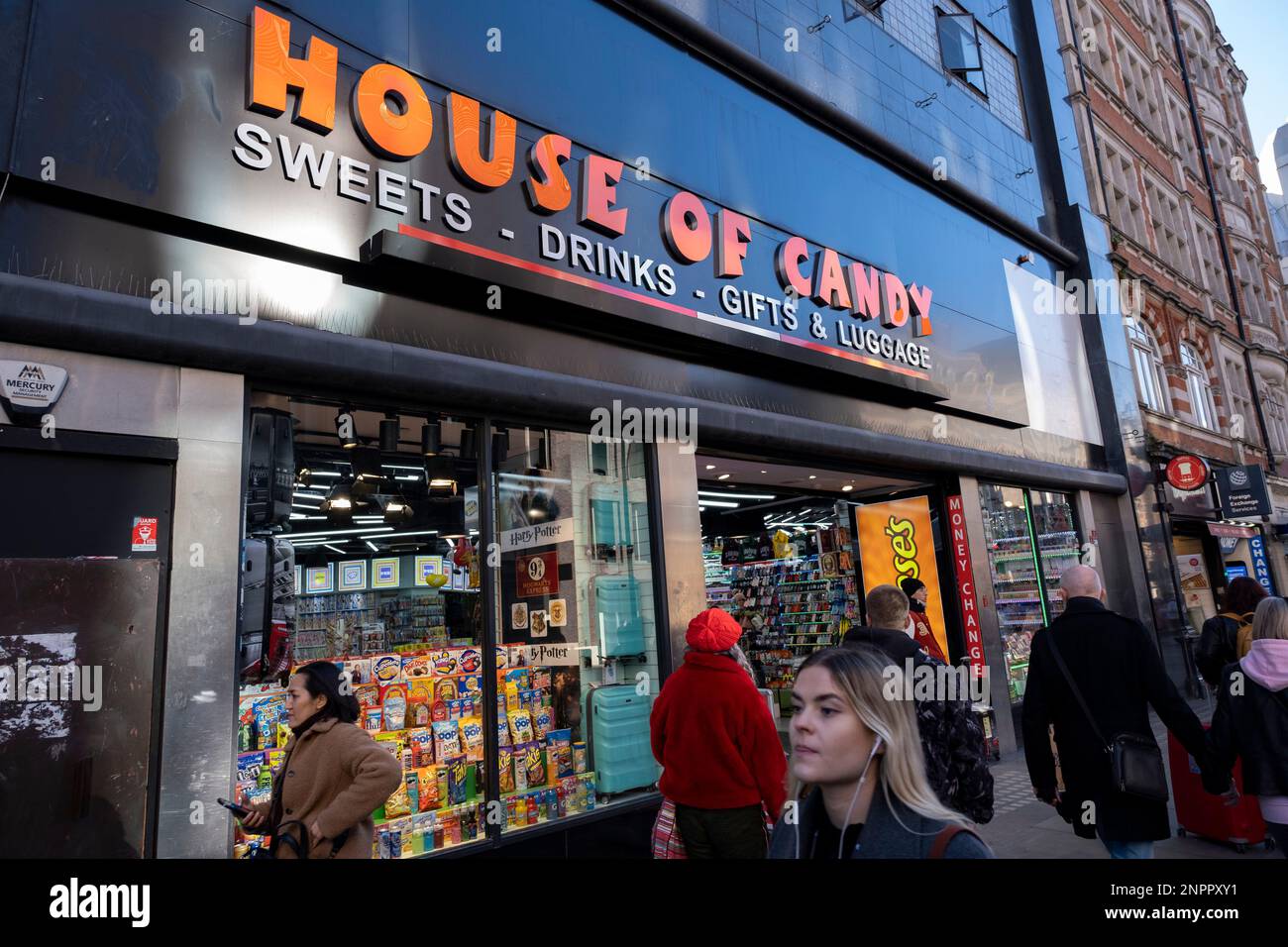 Renamed House of Candy, which was originally and recently named Candy World American sweets store where once stood the HMV flagship shop on Oxford Street on 6th February 2023 in London, United Kingdom. The face of Oxford Street is changing fast, with high rents pushing some retailers out, numerous American candy stores have opened instead, especially during lockdown when so many regulars of Europe’s most famous shopping street closed down. Some of these stores have been investigated by Westminster City Council suspicious activity including tax evasion and counterfeit sales, while others are le Stock Photo