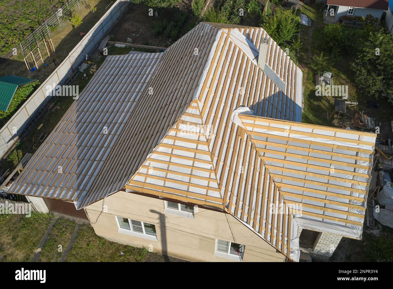 Roof construction with beams and waterproofing Stock Photo