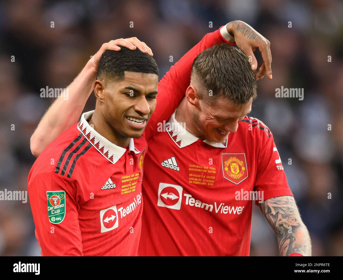 London, UK. 26th Feb, 2023. 26 Feb 2023 - Manchester United v Newcastle United - Carabao Cup - Final - Wembley Stadium Manchester United's Marcus Rashord celebrates scoring against Newcastle United in the Carabao Cup Final with Wout Weghorst. Picture Credit: Mark Pain/Alamy Live News Stock Photo