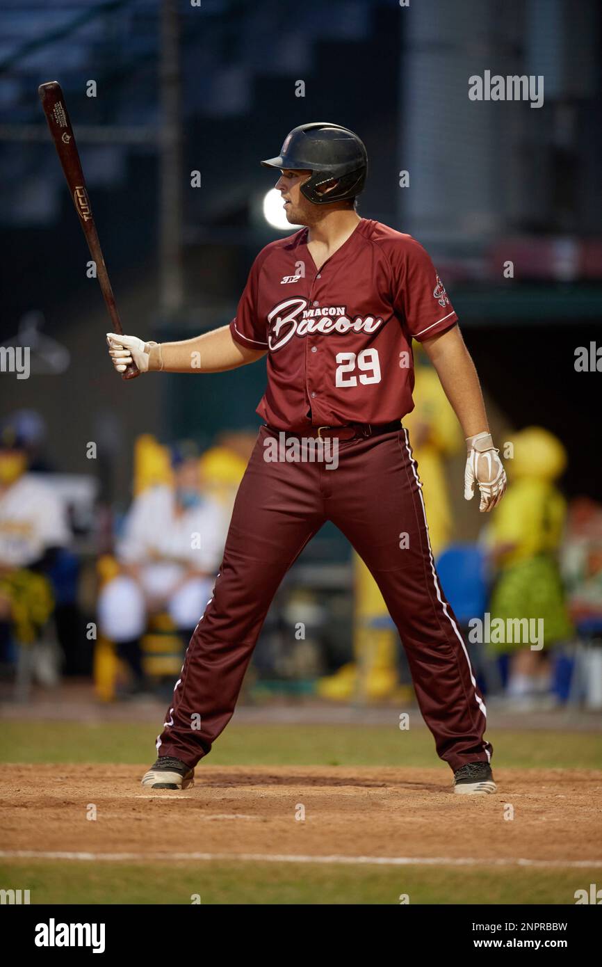 Macon Bacon Carson Crowe (29) bats during a Coastal Plain League game against the Savannah Bananas on July 15, 2020 at Grayson Stadium in Savannah, Georgia. (Mike Janes/Four Seam Images via AP) Stock Photo