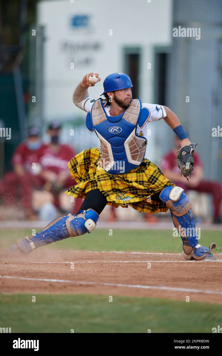 Savannah Bananas catcher Bill Leroy (1) throws down to second base