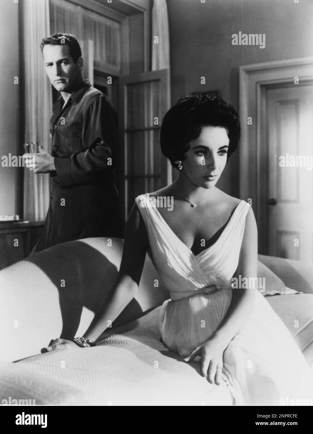 1958 : The movie actress ELIZABETH TAYLOR ( London , England 1932 ) and PAUL NEWMAN  in THE CAT ON A HOT TIN ROOF ( La gatta sul tetto che scotta ) by Richard Brooks , from a play by Tennessee Williams - CINEMA - portrait - ritratto  - innamorati - amanti - lovers - marito e moglie - husband and wife - pigiama - pajama - drink   - spalla - spalle - shoulders  - Liz  - collana - necklace - orecchino - orecchini - eardrops - belt - cintura - abito vestito bianco - white dress - couch - divano - GAY - homosexuality - omosessualità - omosessuale - homosexual ----  Archivio GBB Stock Photo