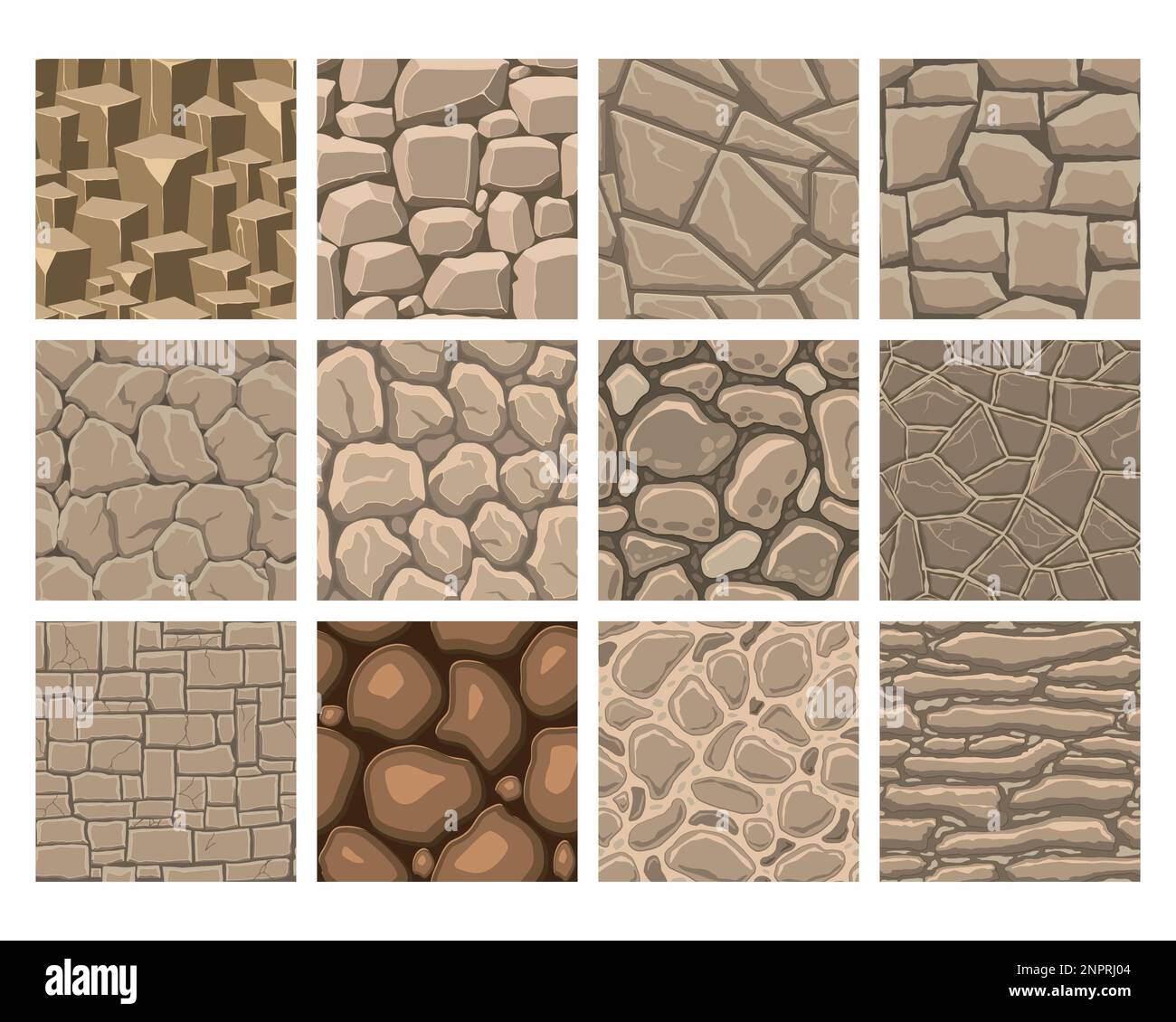 Cartoon game textures, rocks, dirt and ground surface seamless patterns