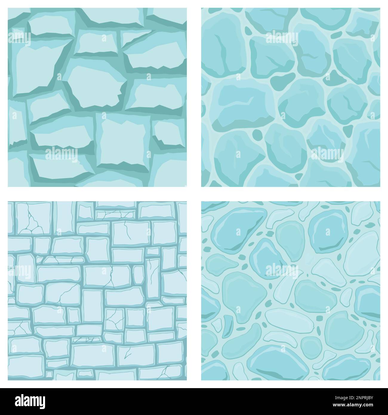 Cartoon game textures, ice surface seamless patterns. Game assets walls and environment backgrounds. Stock Vector