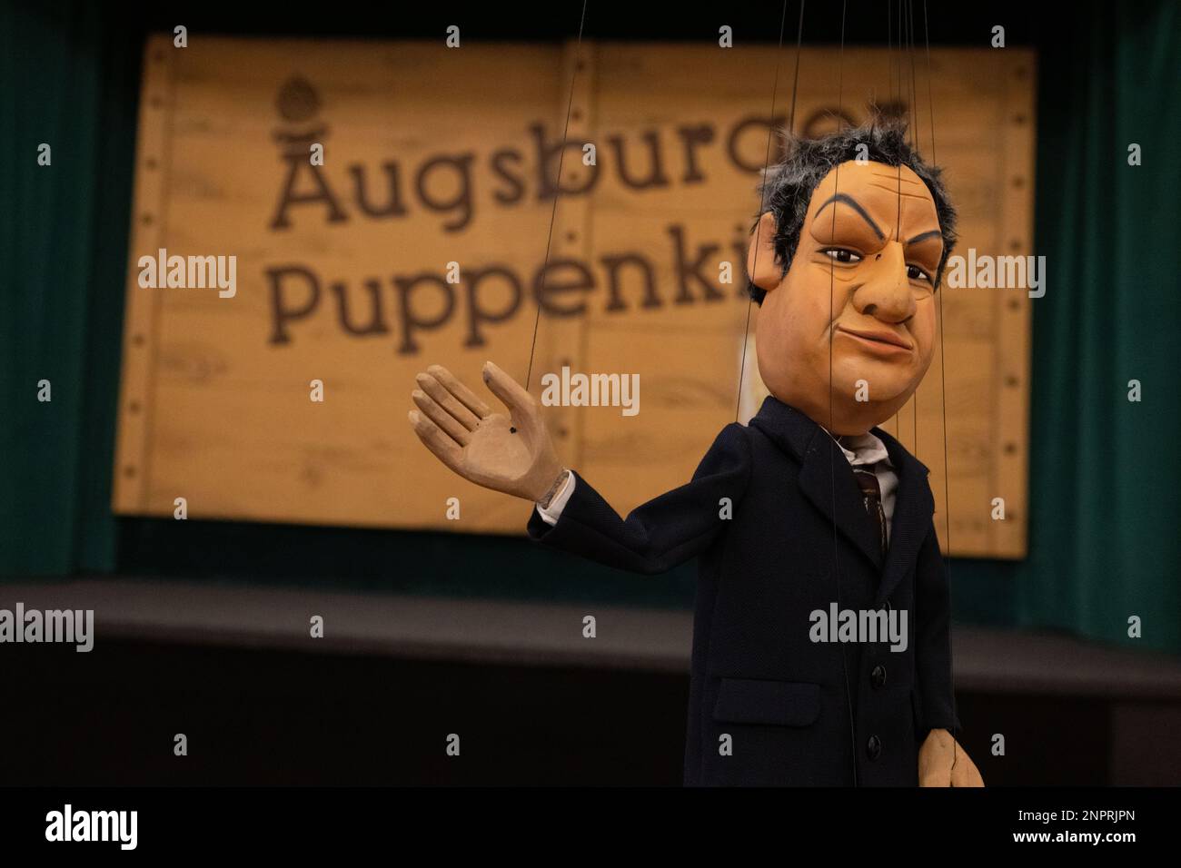 Augsburg, Germany. 26th Feb, 2023. A puppet representing Markus Söder (CSU), Prime Minister of