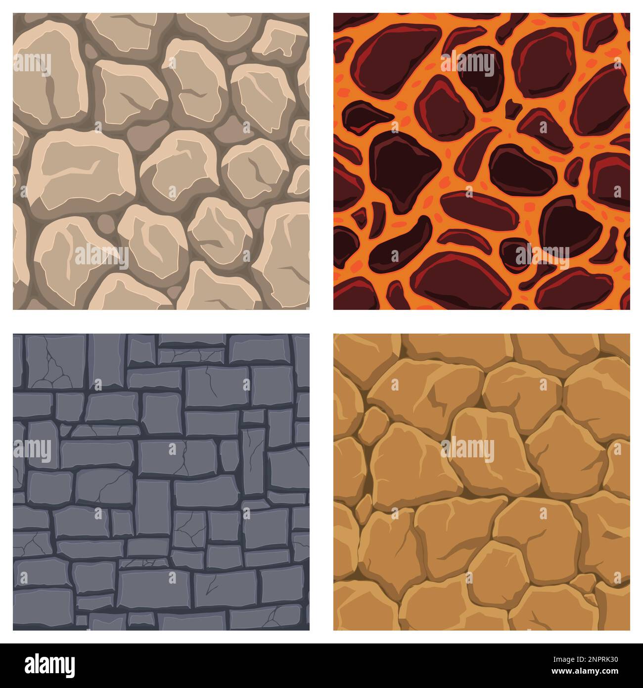 Cartoon game textures, lava, rocks and brick, dirt and ground surface ...