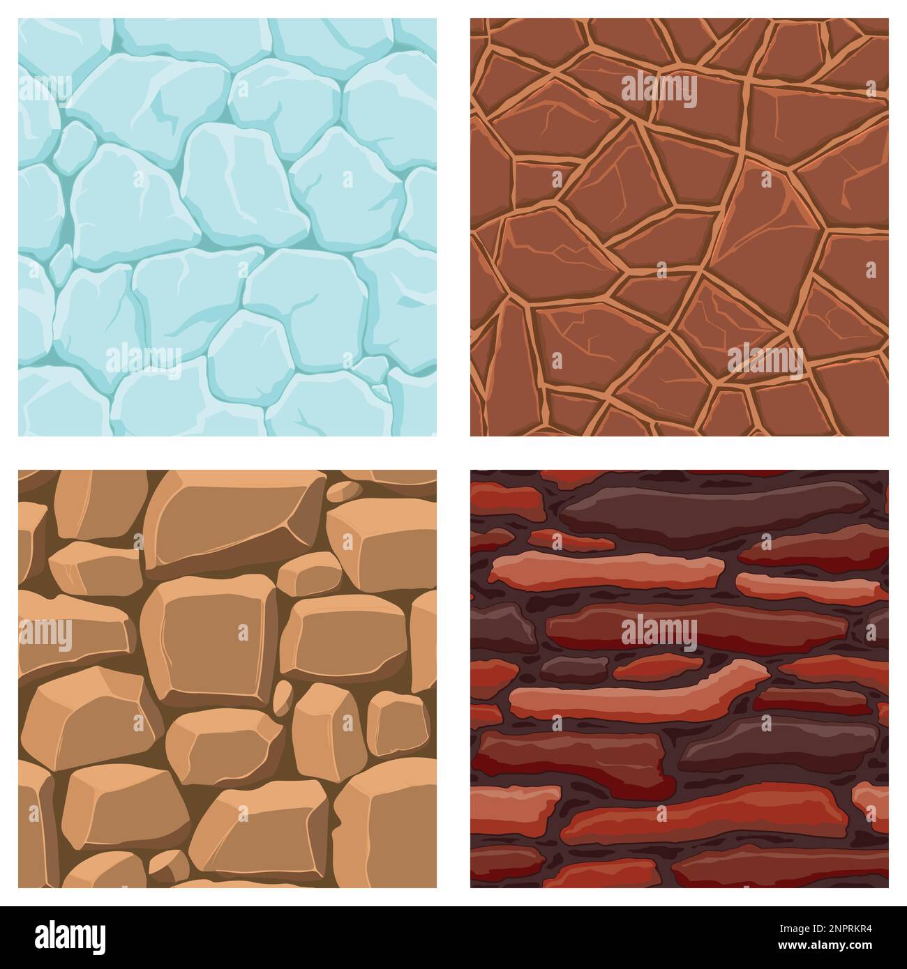 Cartoon game textures, ice, rocks and brick, dirt and ground surface ...