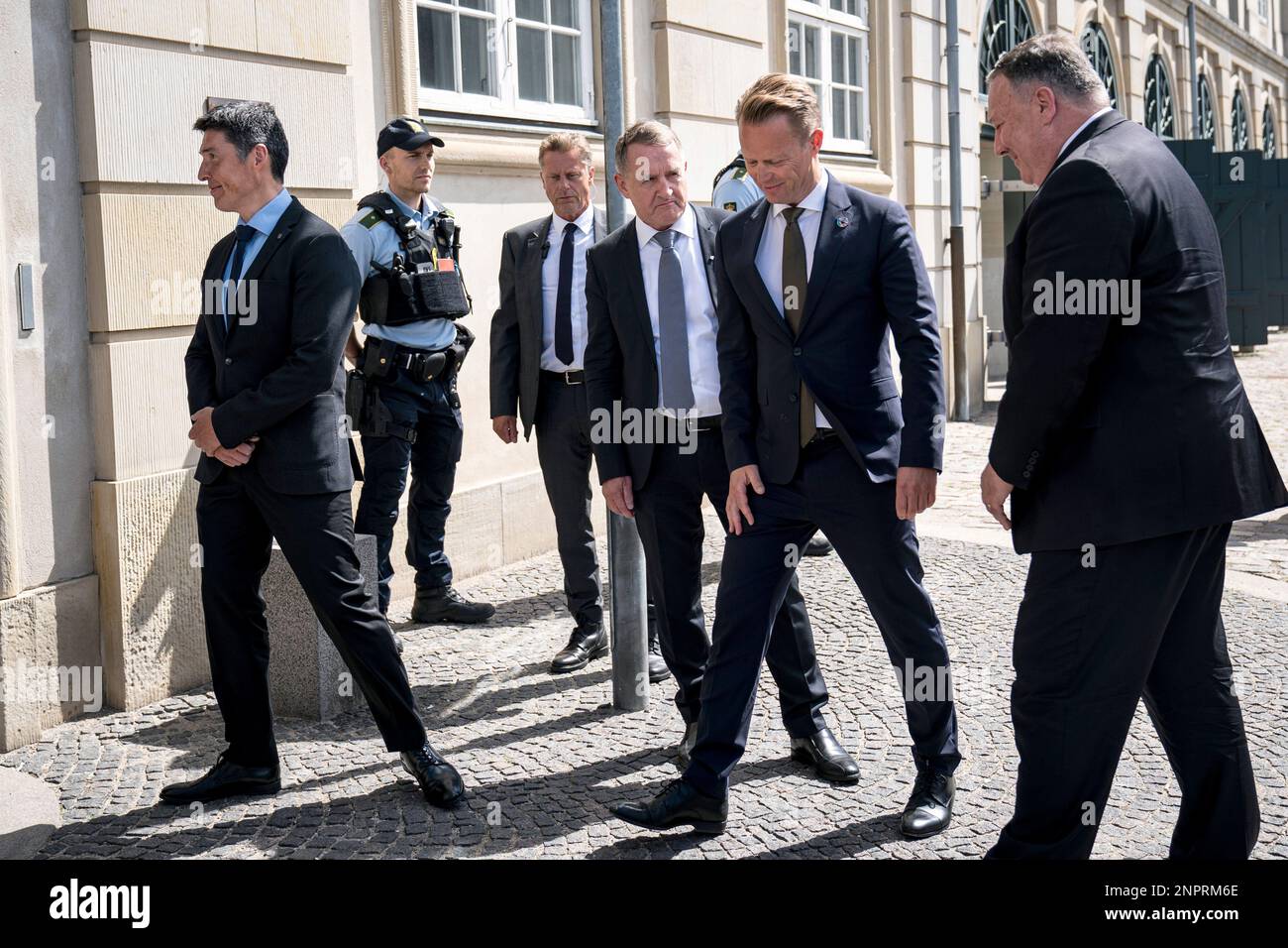 From left, Greenland's Naalakkersuisoq for Foreign Affairs, Steen Lynge,  Faroe Islands' national board member for foreign affairs, Jenis av Rana,  Danish Foreign Minister Jeppe Kofod, and US Secretary of State Mike Pompeo