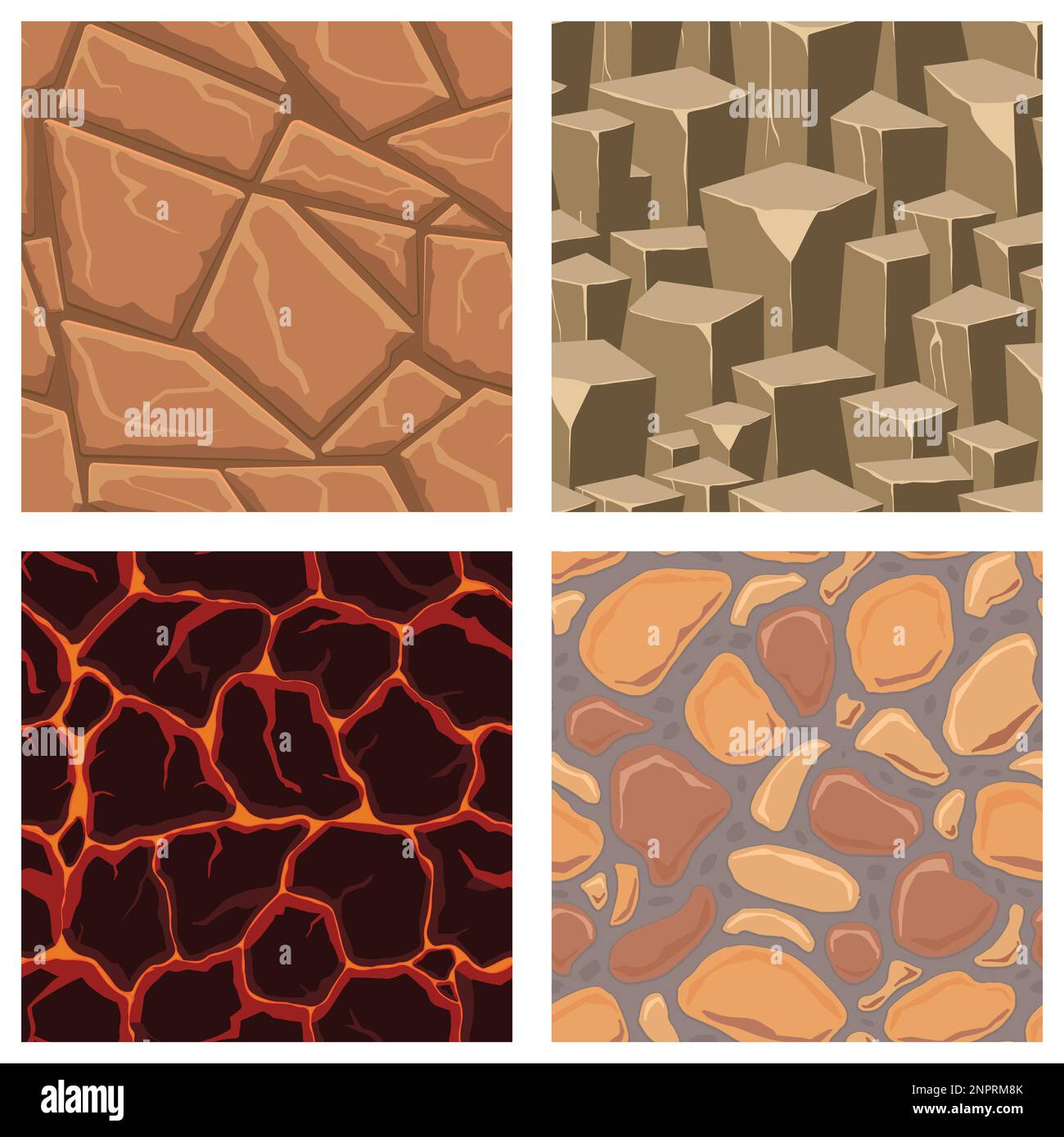 Cartoon game textures, lava, rocks and brick, dirt and ground surface ...