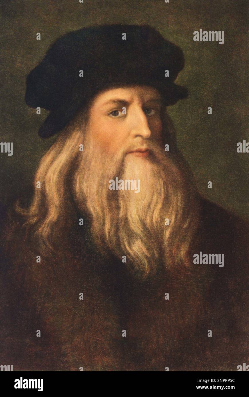 The italian genius , painter , sculptor , architect and scientist LEONARDO DA VINCI ( Vinci , Firenze 1452 - Cateaux de Cloux , Amboise 1519 ) , portrayed from anonimous painter - ARTISTA - GENIO - SCIENZIATO - PITTORE - SCULTORE - ARCHITETTO - INVENTORE - ARTE - ART - hat - cappello - barba - beard ----  Archivio GBB Stock Photo