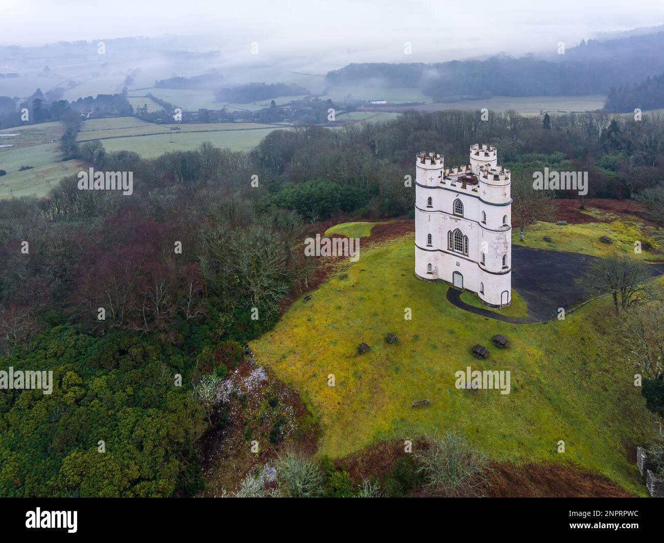 Misty morning over Haldon Belvedere from a drone, Lawrence Castle