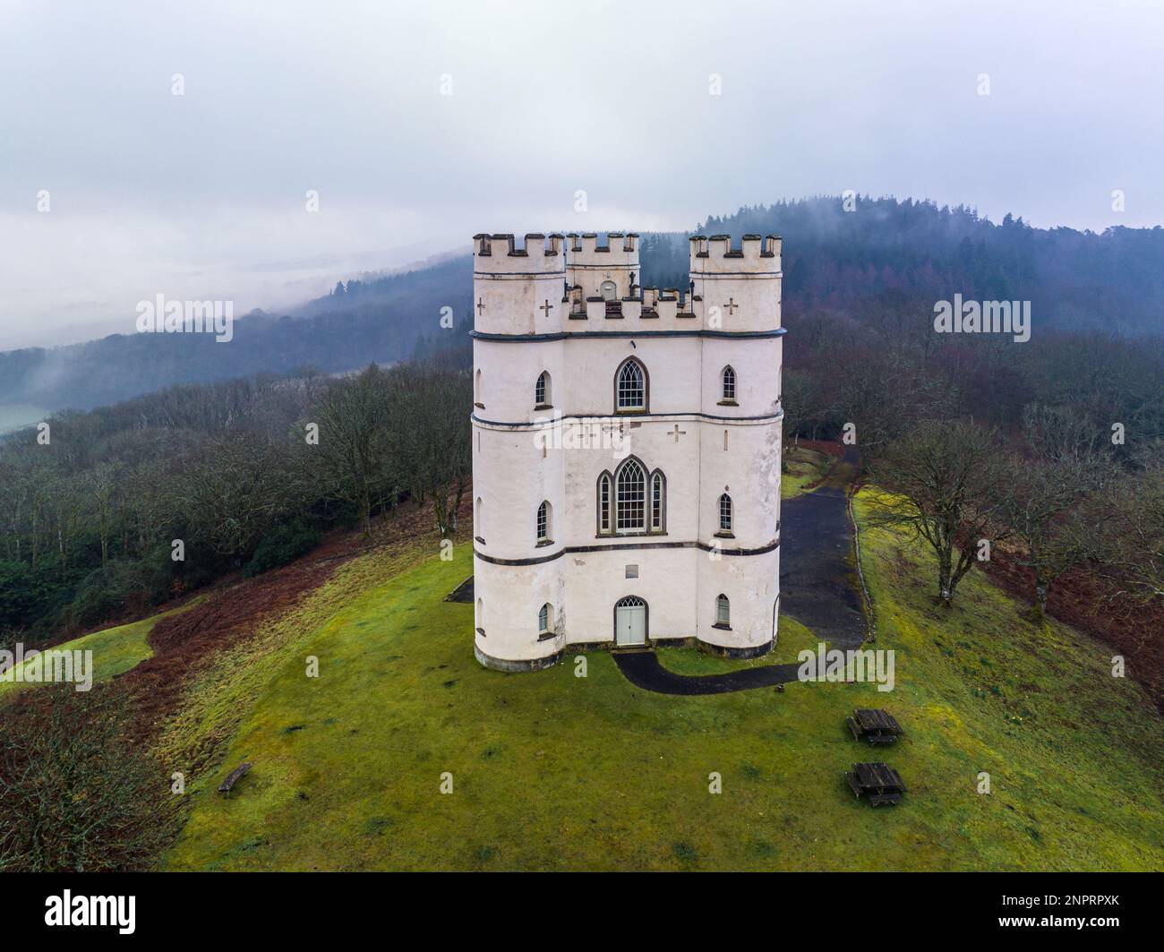 Misty morning over Haldon Belvedere from a drone, Lawrence Castle