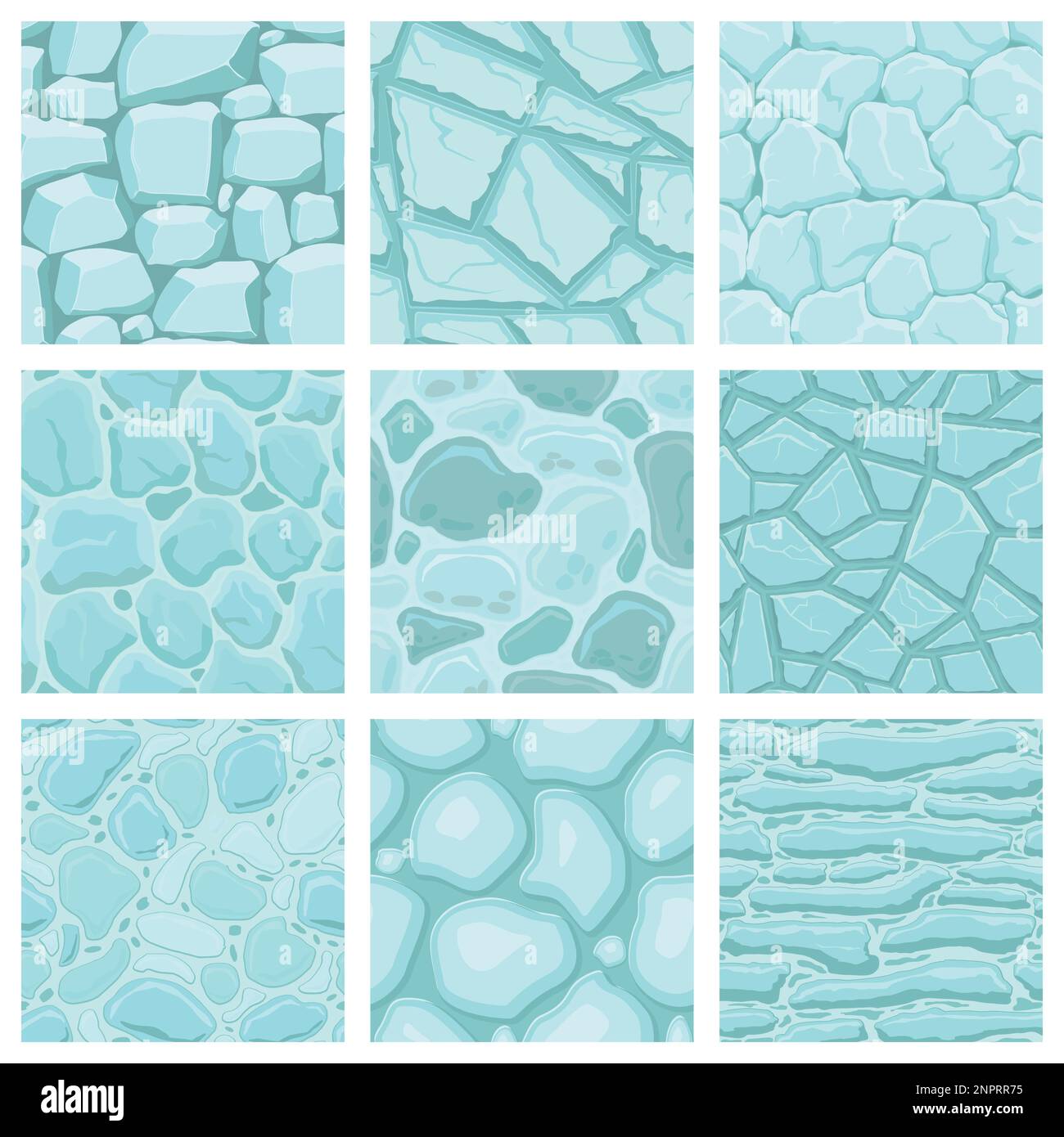 Cartoon game textures, ice surface seamless patterns. Game assets walls