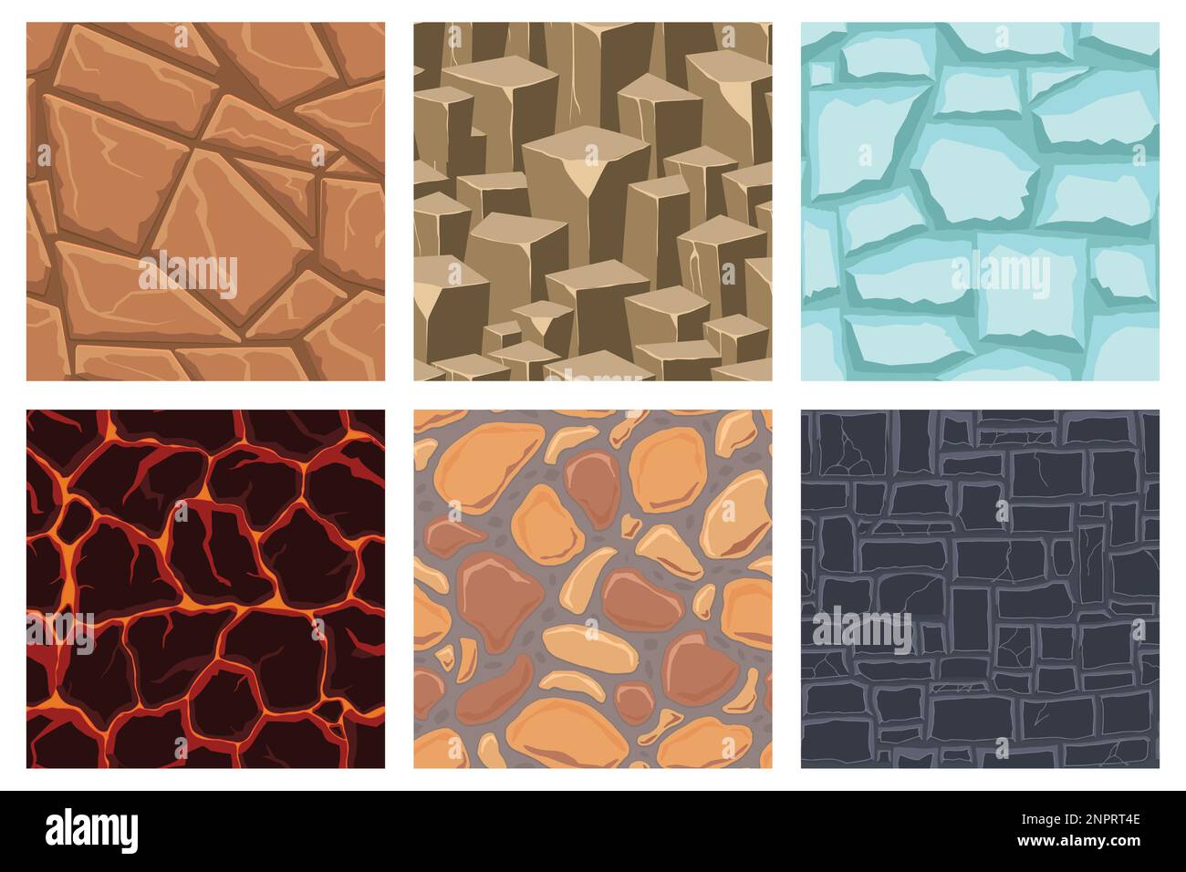 Cartoon game textures, lava, ice, rocks and brick, dirt and ground ...